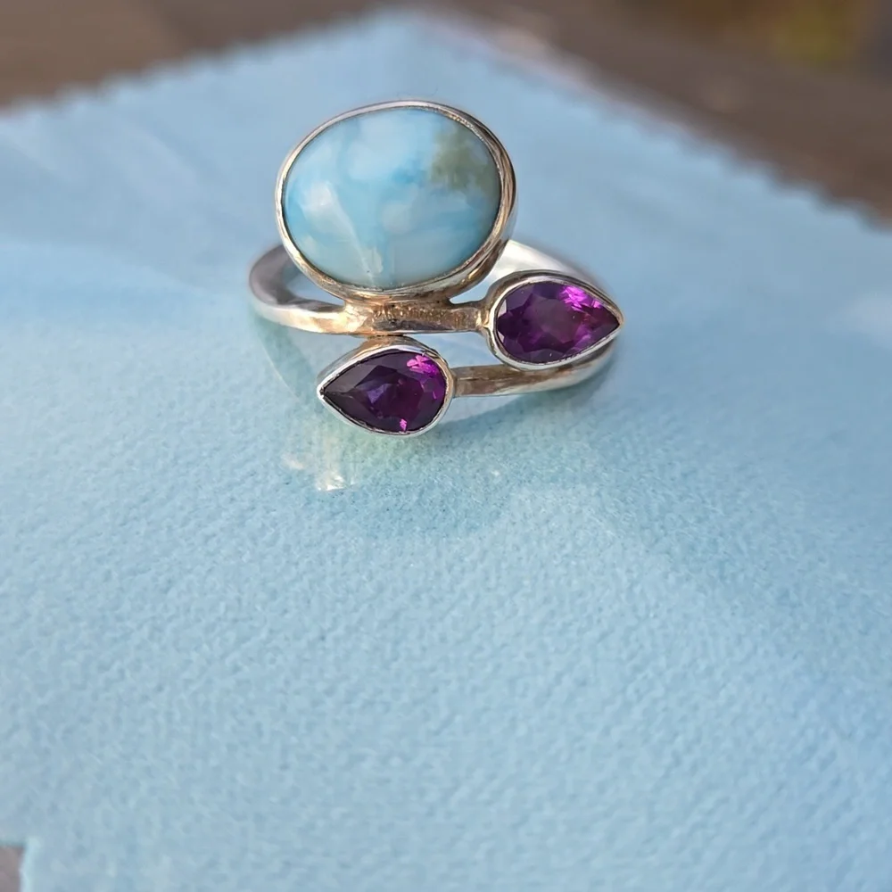 Larimar & Amethyst Solid Sterling Ring